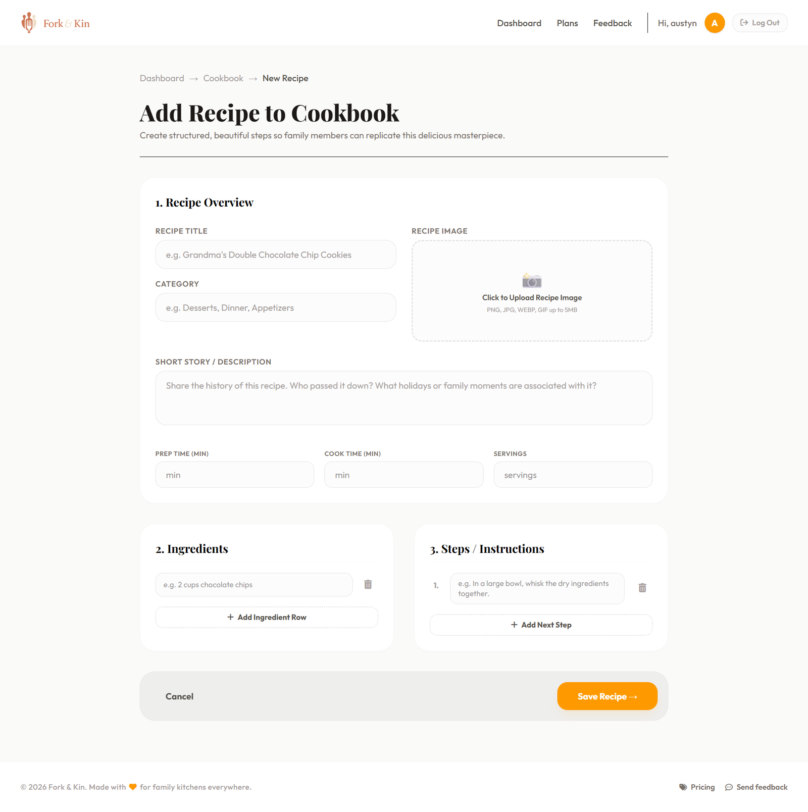 Fork & Kin add recipe form with title, ingredients, steps, and photo upload