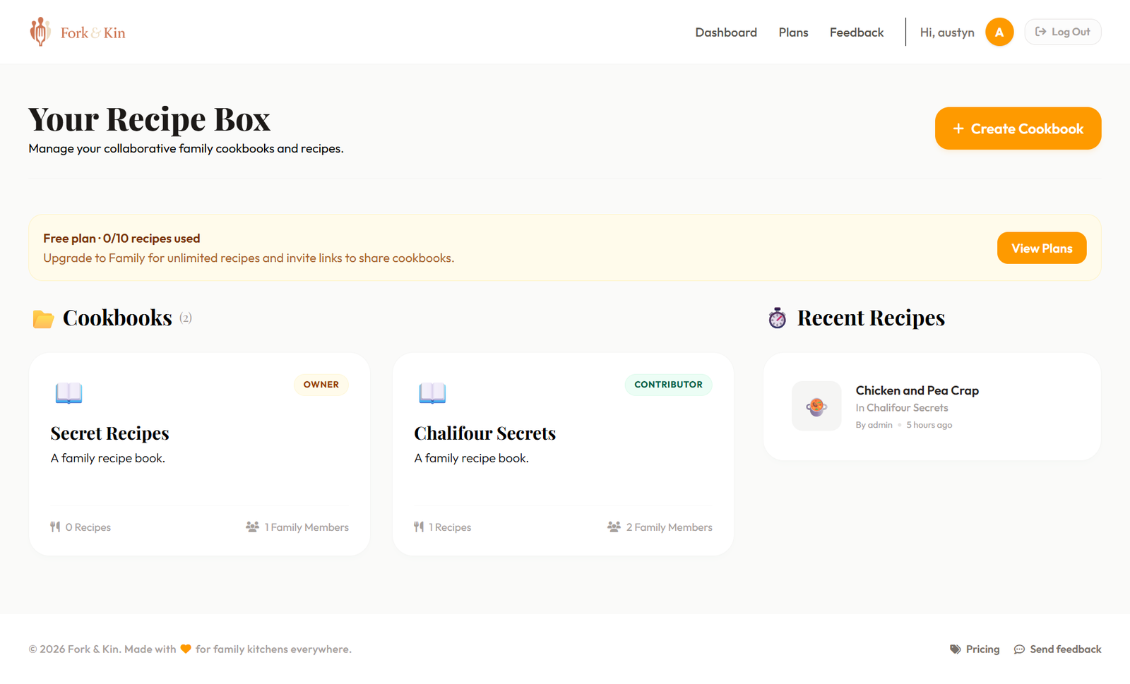 Fork & Kin dashboard showing your recipe box with family cookbooks and recent recipes