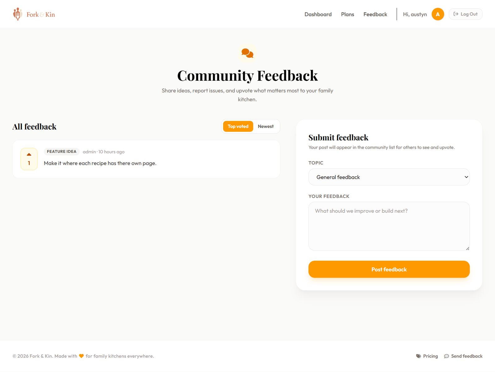 Fork & Kin community feedback page for sharing ideas and upvoting suggestions
