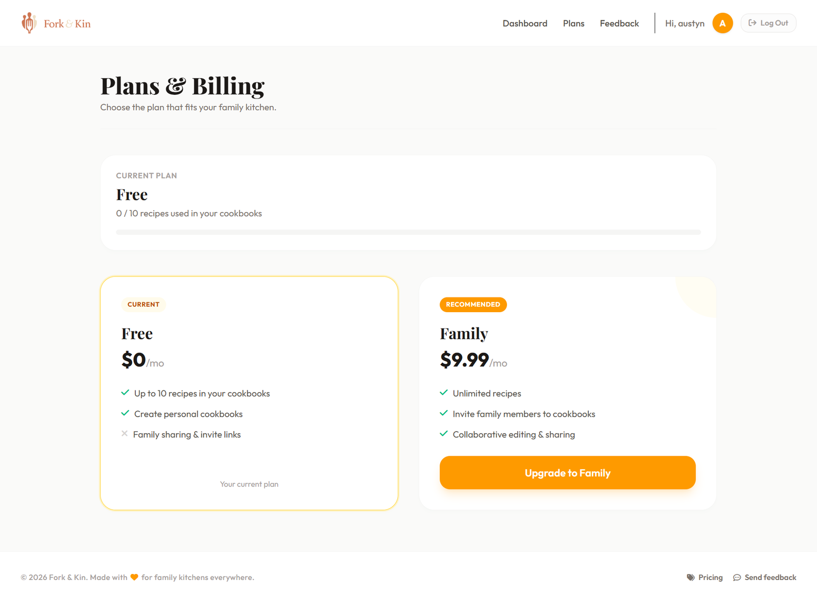 Fork & Kin plans and billing page showing Free and Family plan options