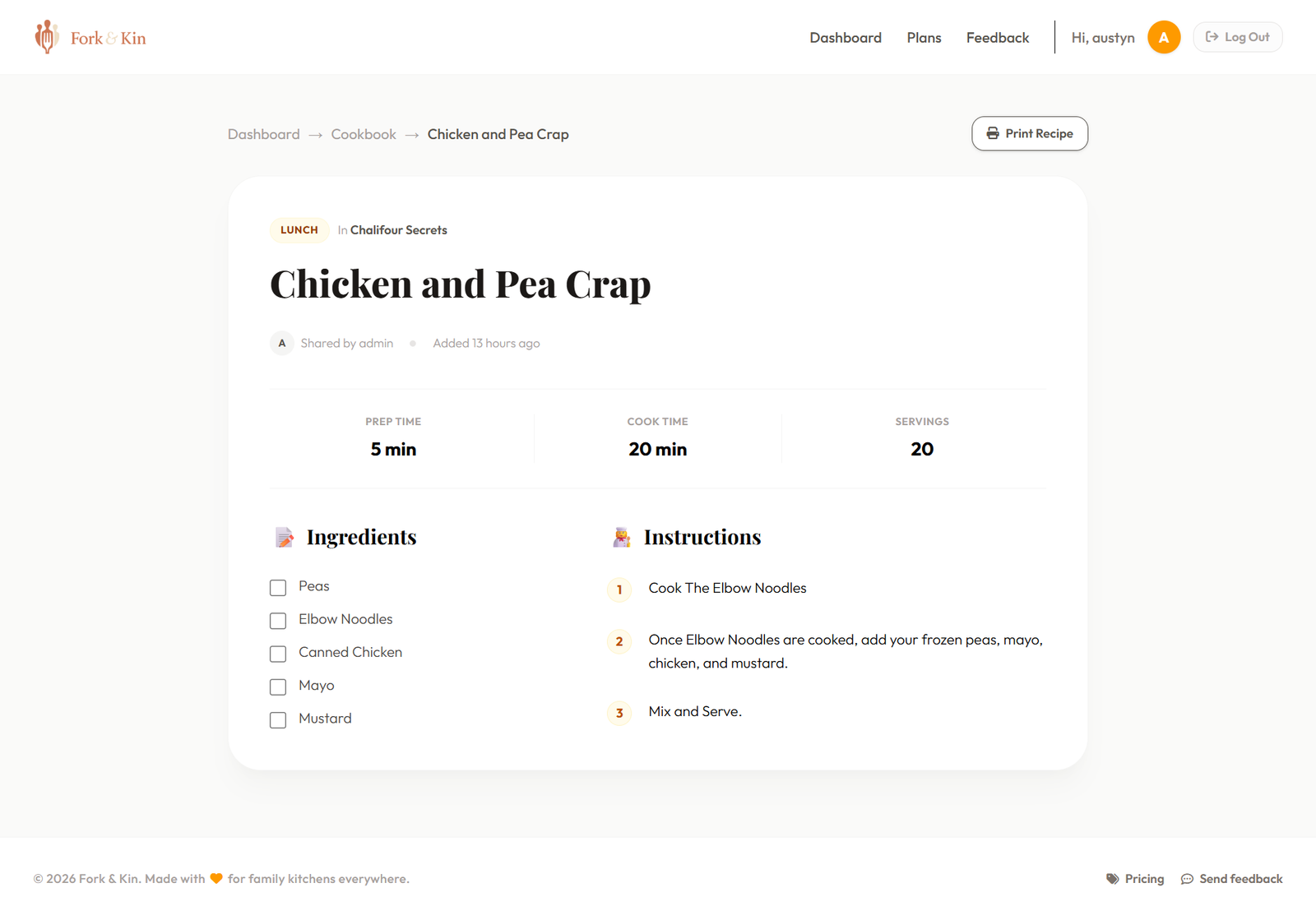 Fork & Kin recipe detail page with ingredients and step-by-step instructions