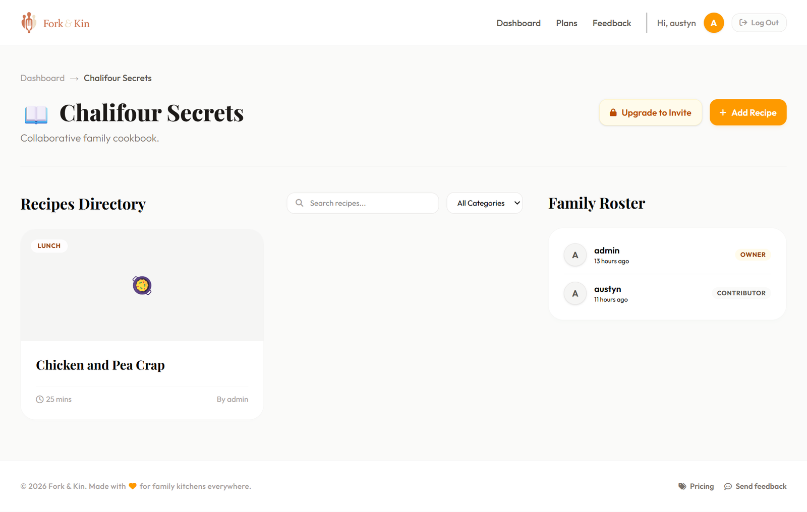 Fork & Kin family cookbook view with recipe grid, search, and family roster